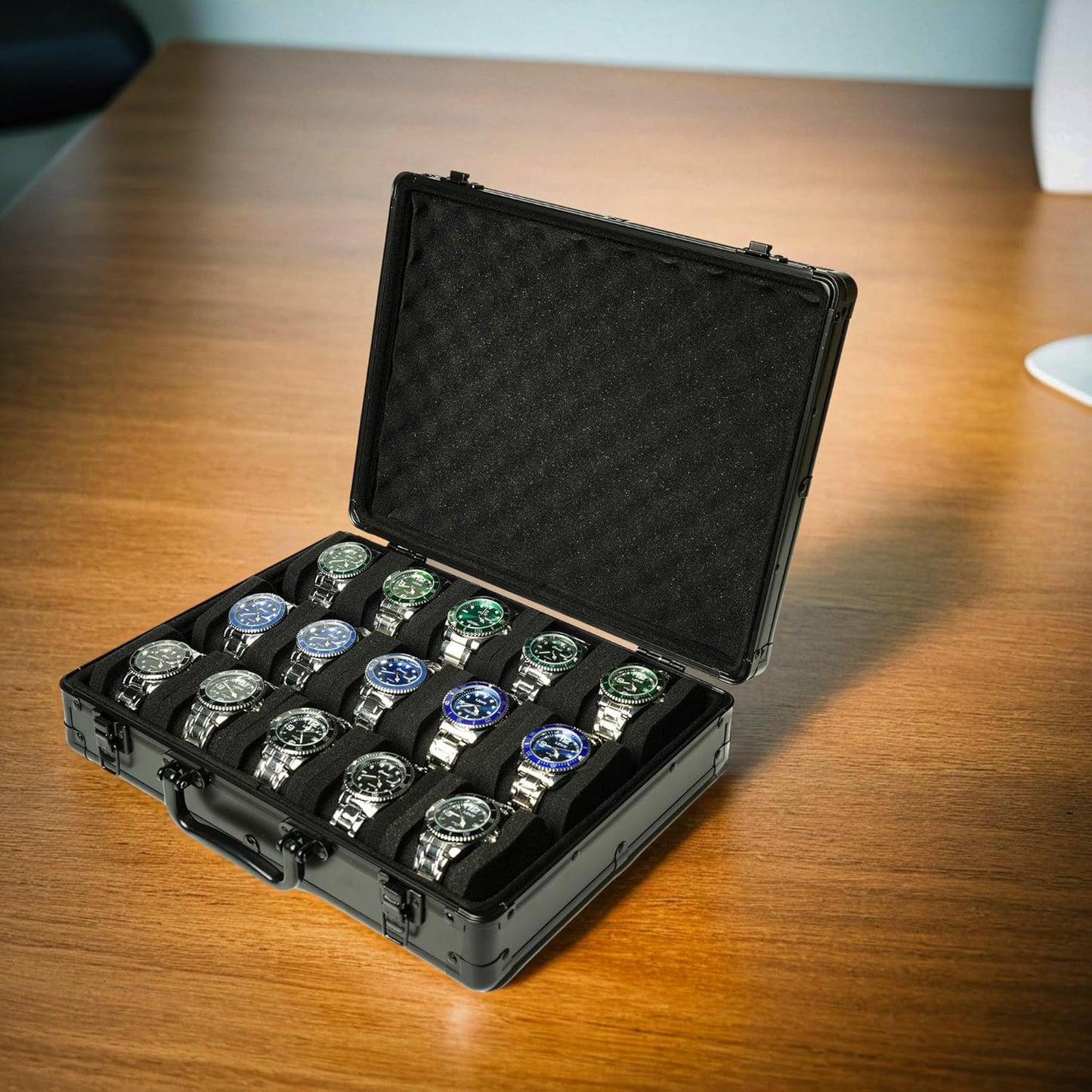 15 slots Watch organizer Case, Aluminum watch storage box, hard watch travel box, padded case for watch display and organization