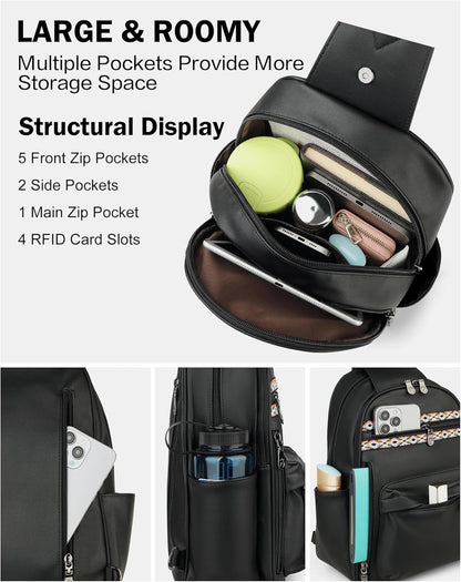 FADEON Large Sling Bag for Women, Leather Crossbody Purse Designer Anti Theft Sling Backpack, RFID Fanny Packs for Travel