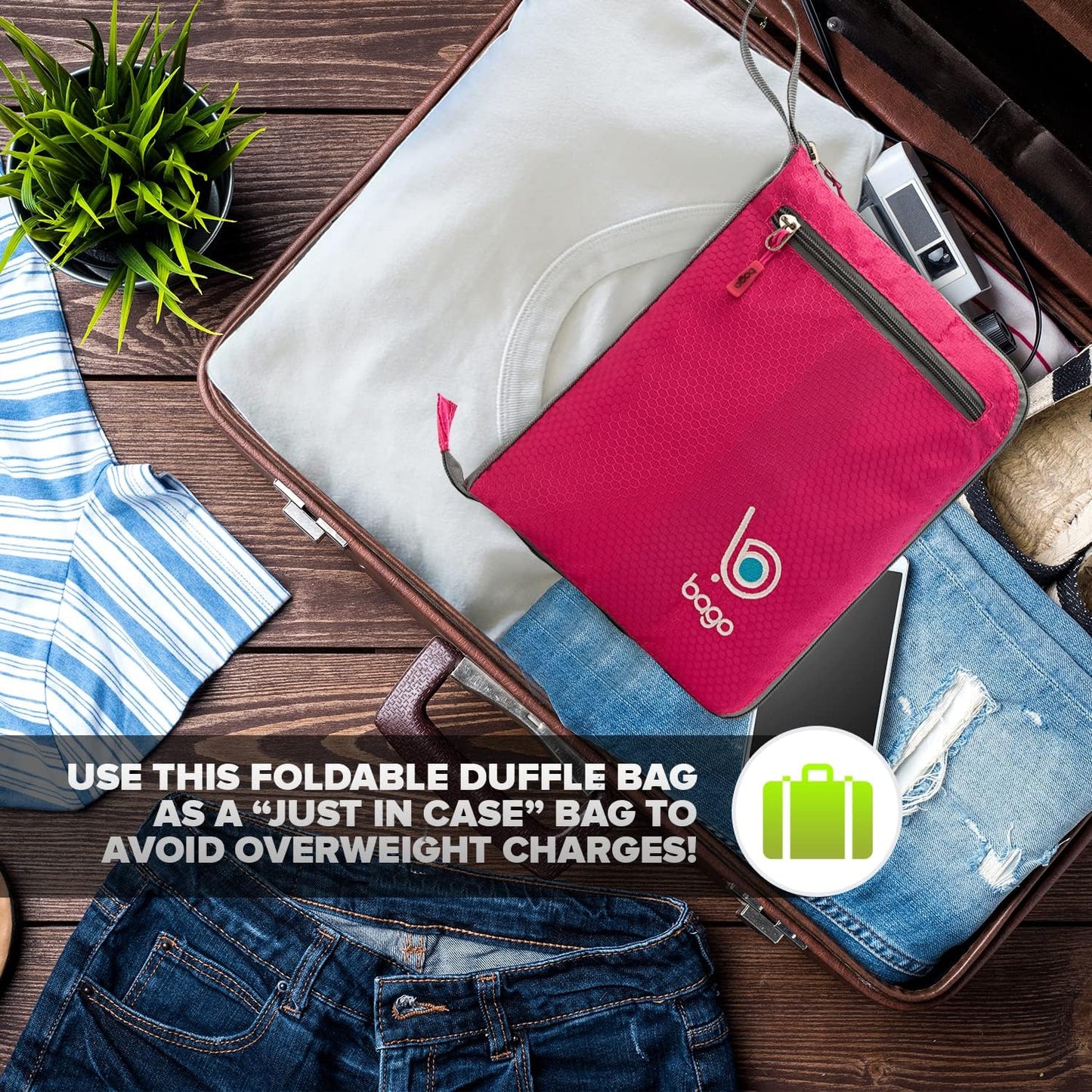 Bago Foldable Duffel Bags for Traveling Women & Men - 60L Medium Packable Duffle Bag for Travel with Shoe Compartment - Water Repellant, Heavy Duty, Lightweight Folding & Collapsible (Pink)