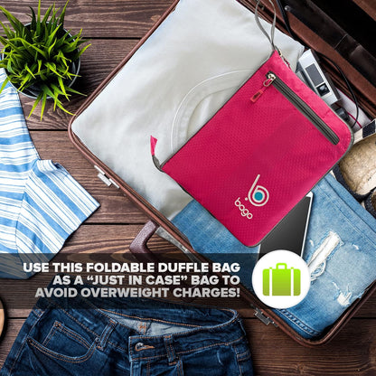 Bago Foldable Duffel Bags for Traveling Women & Men - 60L Medium Packable Duffle Bag for Travel with Shoe Compartment - Water Repellant, Heavy Duty, Lightweight Folding & Collapsible (Pink)