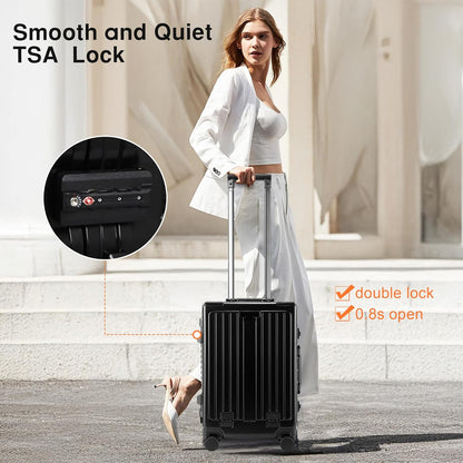 Carry On Luggage 20 Inch, Aluminum Frame Zipperless Luggage, ABS+PC Hard Shell Suitcases, Carry On with Compartment for Short Trips, Suitcase Carry-on TSA Approved (Black)