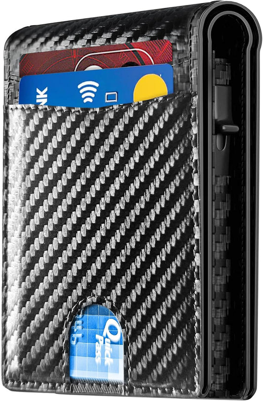 2025 Wallet for Men - RFID Blocking [Functional & Practical] Bifold Slim Minimalist Credit Card Holder Pop Up Wallet Metal Case with Cash Slot, Front Pocket with ID Window, Gift Boxed (Carbon Fiber)
