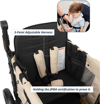 Keenz VYOO Stroller Wagon with Canopy - Foldable Design for Easy Storage, 5 Seating Positions for Kids, Enhanced Child Safety, All-Terrain Mobility, 2-Passengers, Mocha