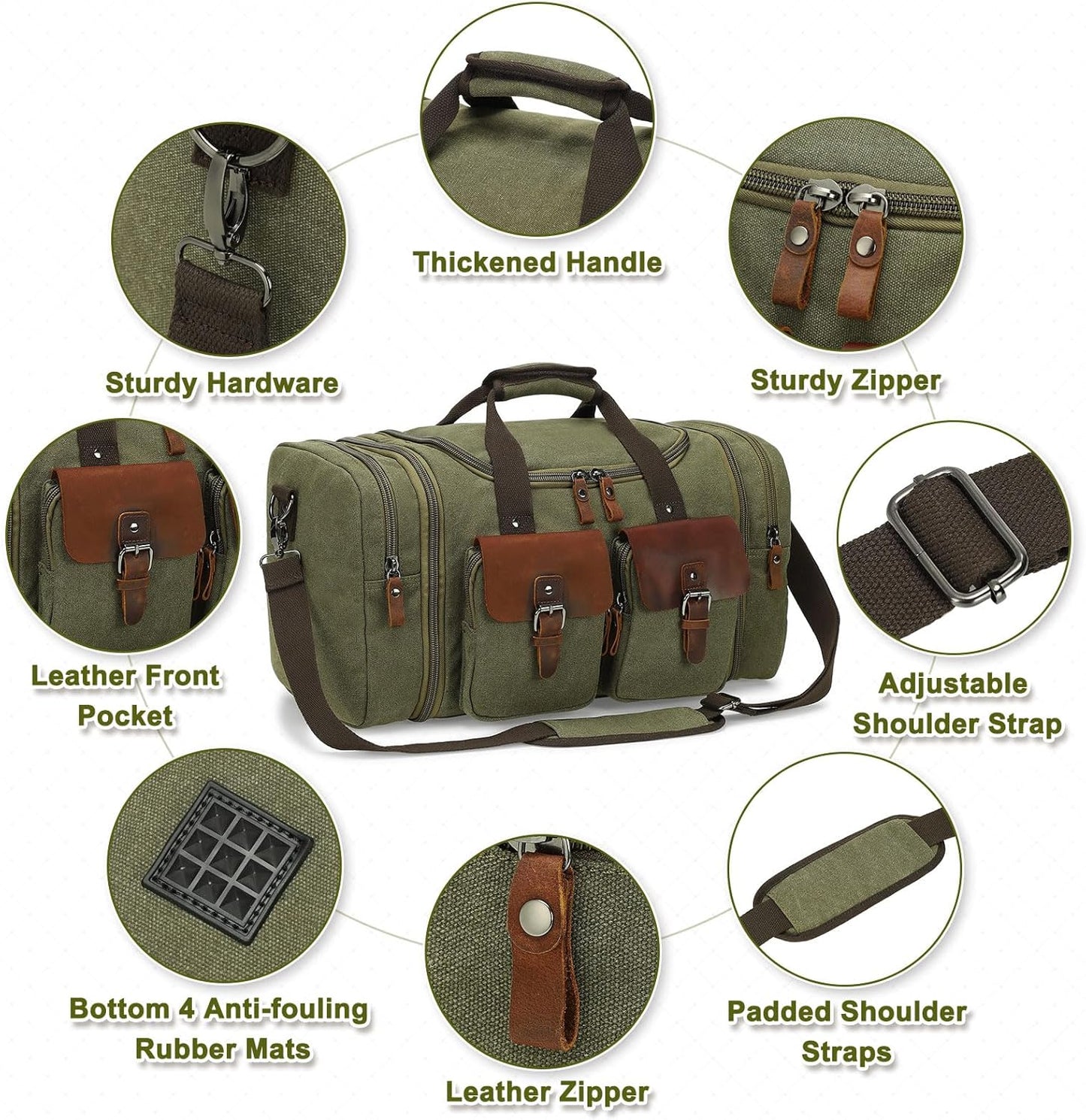 Canvas Duffle Bag with Genuine Leather Accents, Expandable 20-23 Inch Travel Weekender, Multiple Pockets, Green