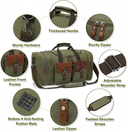 Canvas Duffle Bag with Genuine Leather Accents, Expandable 20-23 Inch Travel Weekender, Multiple Pockets, Green