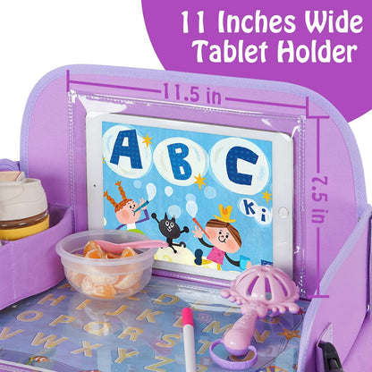 MENZOKE Car Seat Tray for Kids Travel, Kids Travel Tray with Educational Drawing Board, Tablet Holder & Cooler Cup Holder, Holiday Gifts for Car Trip, Purple