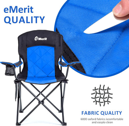 EMERIT 2 Pack Oversized Padded Camping Chair, 350LB Heavy Duty Quad Fold Chair with Arms, Collapsible Outdoor Chairs with Lumbar Back & Cup Holder