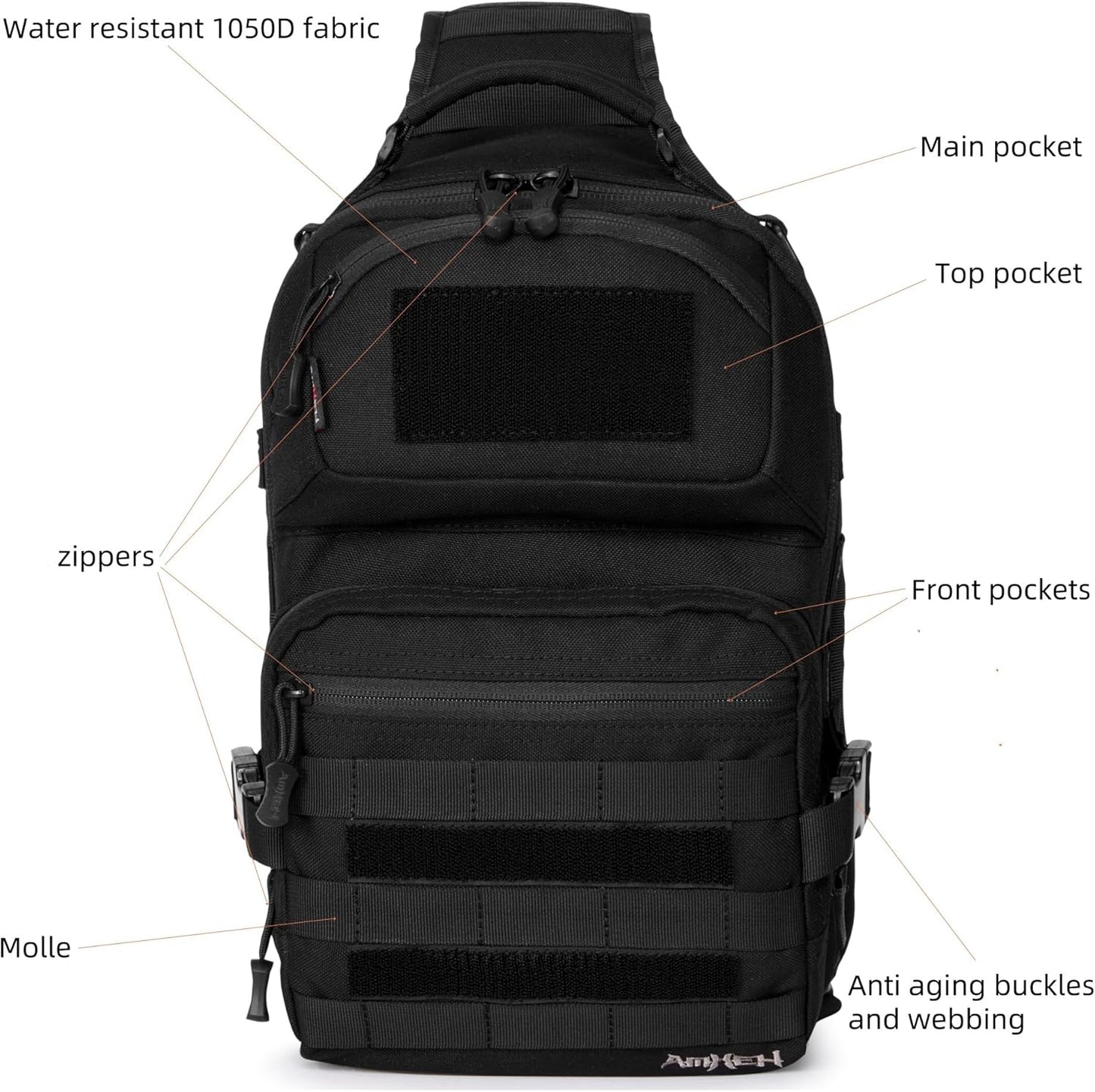 15L Tactical Crossbody Sling Bag | Everyday One Shoulder Backpack Fit 12 Inch Laptop, Molle, Daily Use, Travel, Hiking (Black)