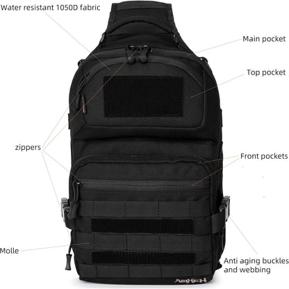 15L Tactical Crossbody Sling Bag | Everyday One Shoulder Backpack Fit 12 Inch Laptop, Molle, Daily Use, Travel, Hiking (Black)