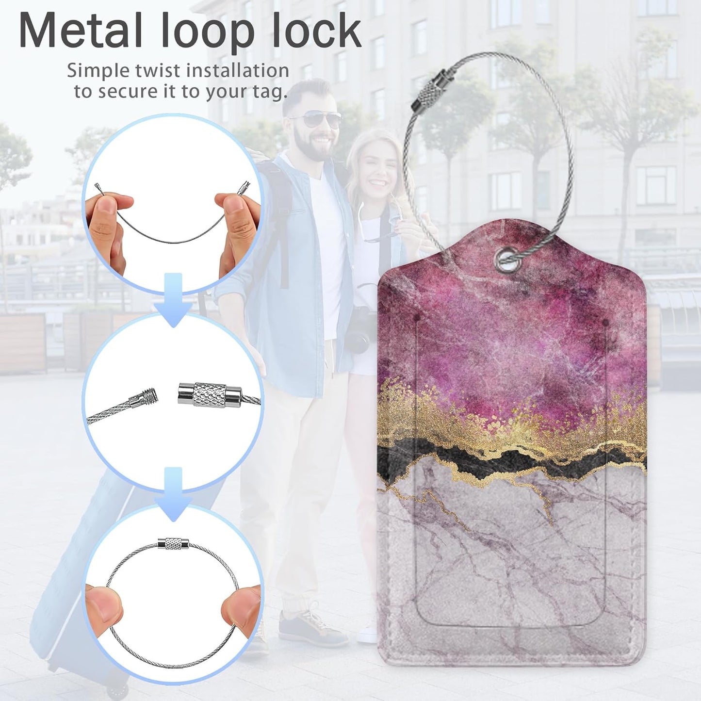 Gold Blue Pink Marble Abstract Luggage Tags,2 Pack Luggage Tag,Leather Privacy Cover ID Label with Stainless Steel Loop for Women Men Kids Girls Travel