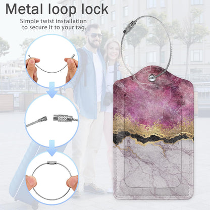 Gold Blue Pink Marble Abstract Luggage Tags,2 Pack Luggage Tag,Leather Privacy Cover ID Label with Stainless Steel Loop for Women Men Kids Girls Travel