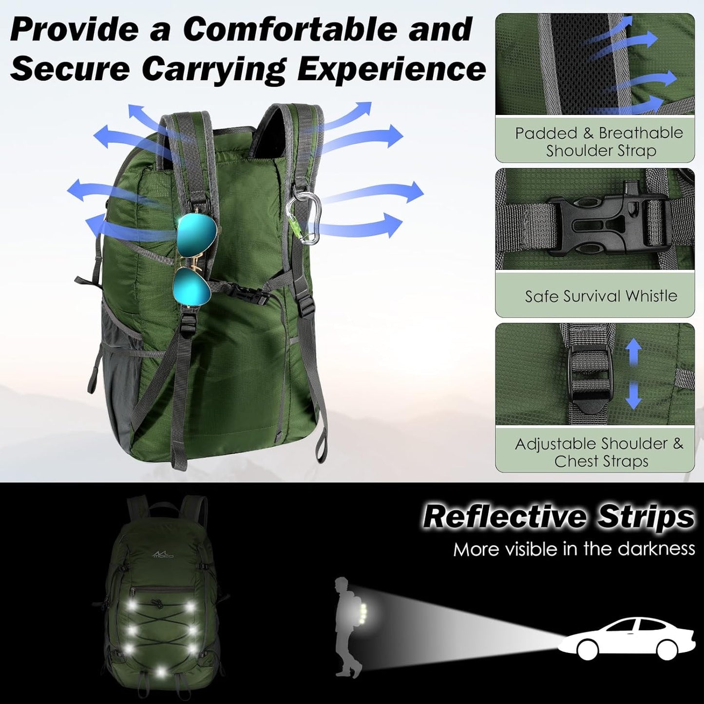 MoKo Hiking Backpack, 40L Large Capacity Camping Backpack with Multiple Pockets, Tear-Resistant Travel Daypack for Men Women, Packable and Lightweight Hiking Daypack for Travel Camping Outdoor, Olive