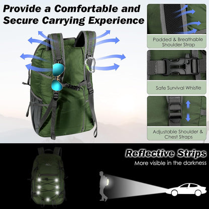 MoKo Hiking Backpack, 40L Large Capacity Camping Backpack with Multiple Pockets, Tear-Resistant Travel Daypack for Men Women, Packable and Lightweight Hiking Daypack for Travel Camping Outdoor, Olive