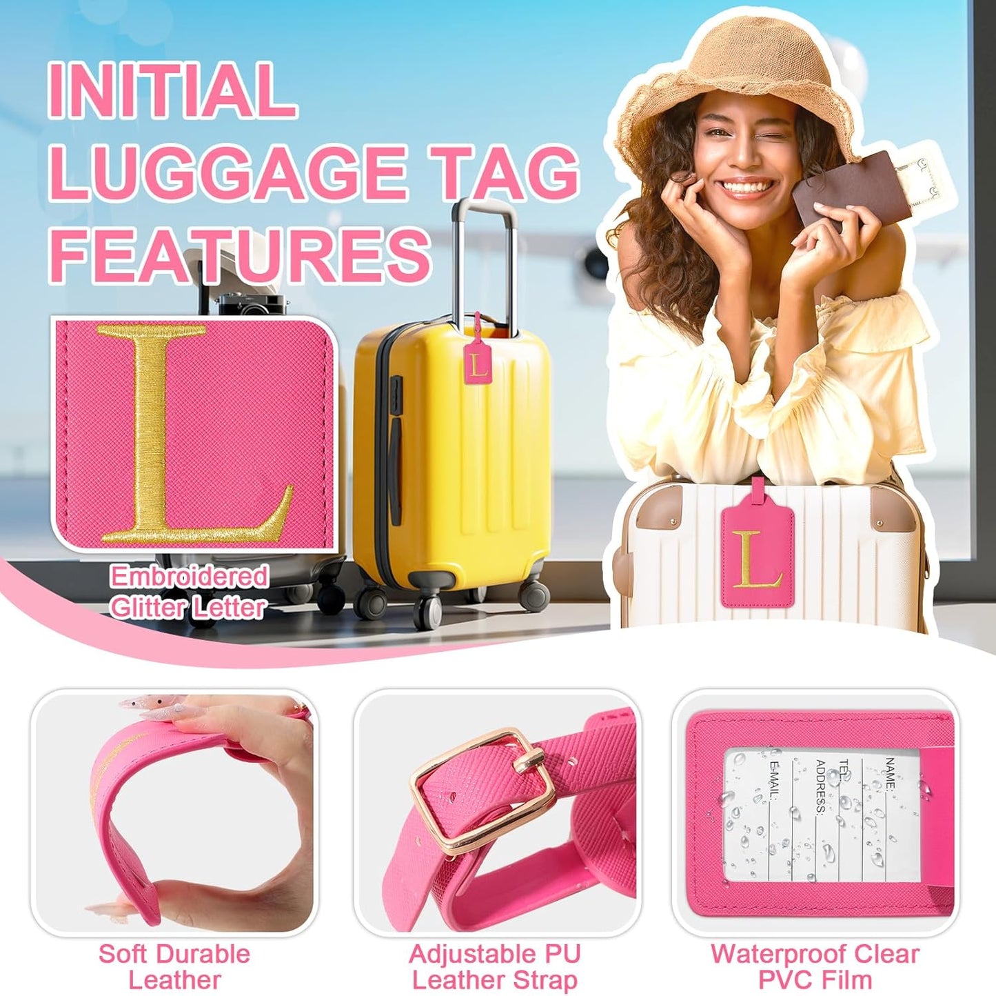 Personalized Initial Luggage Tag, Rose Red Leather, Cute Luggage Tags With Privacy Cover, Embroidered Custom Monogram, Gifts for Women, Kids