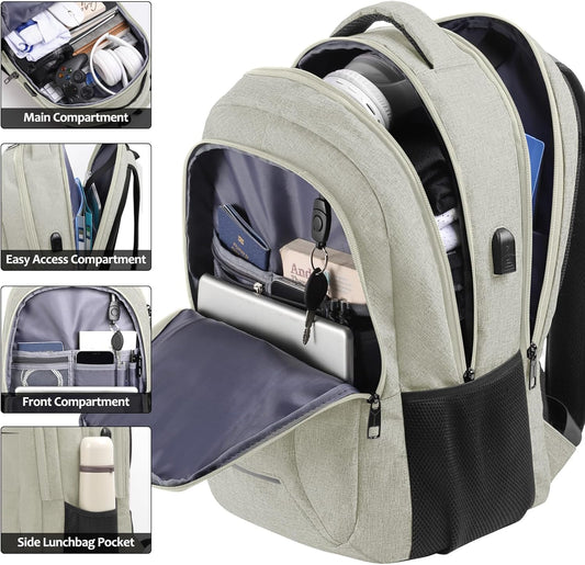 Backpack for Men Women, School Backpacks for Teen Boys, Business Anti Theft Sturdy Travel Laptop Backpack with USB Charging Port, Water Resistant 15.6 Inch Computer Bag Gift, Beige