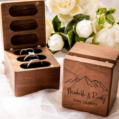 Custom Engraving Ring Gift Box Wooden Presentation Jewelry Box Case with 3 Ring Slots for Proposal Engagement Wedding Ceremony Birthday Gift