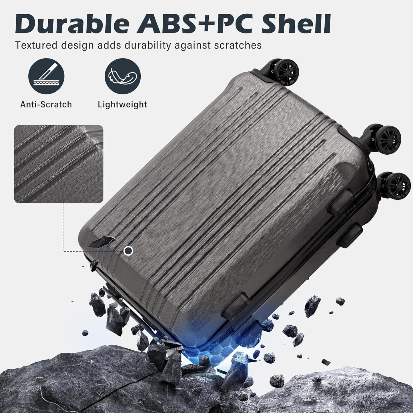 Coolife Luggage Suitcase PC+ABS with TSA Lock Spinner Carry on Hardshell Lightweight 20in 24in 28in (grey, S(20in))