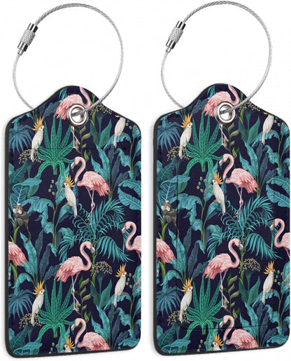 2 Pack Luggage Tag for Suitcase,Flamingo Parrots Leather Suitcase Tags Identifiers with Privacy Name Address Labels and Durable Steel Loop for Women Men Travel