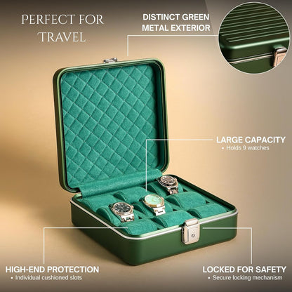 Bey-Berk Prague Aluminum Watch Case in Hunter Green – 9-Slot Locking Travel Box with Soft Interior for Watch Storage