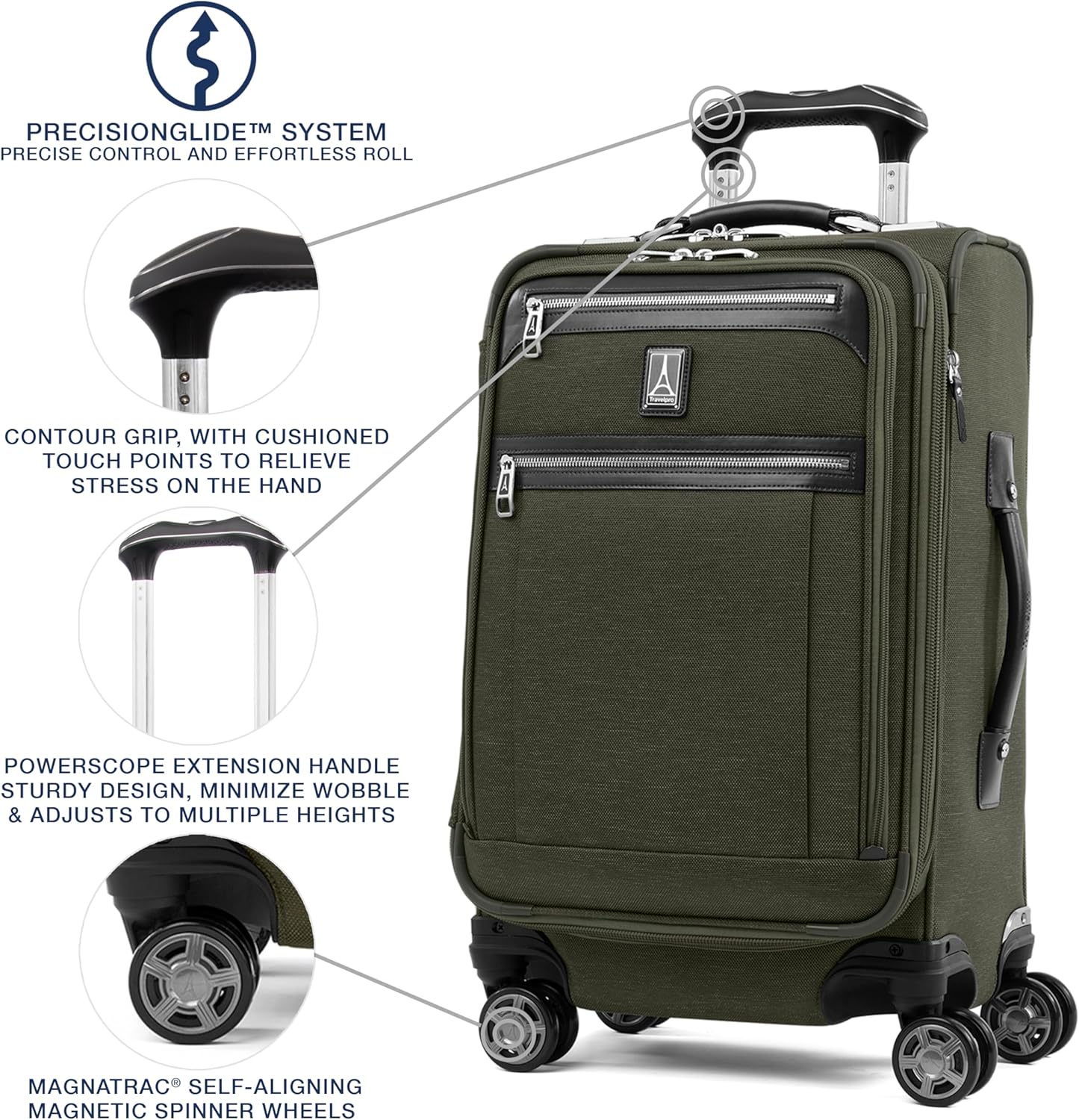 Travelpro Platinum Elite Softside Expandable Carry on Luggage, 8 Wheel Spinner Suitcase, USB Port, Suiter, Men and Women, Pilot Green, Carry On 21-Inch