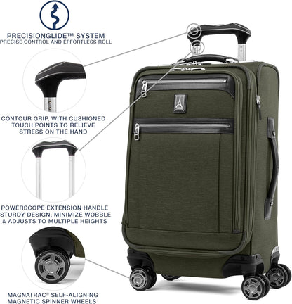 Travelpro Platinum Elite Softside Expandable Carry on Luggage, 8 Wheel Spinner Suitcase, USB Port, Suiter, Men and Women, Pilot Green, Carry On 21-Inch