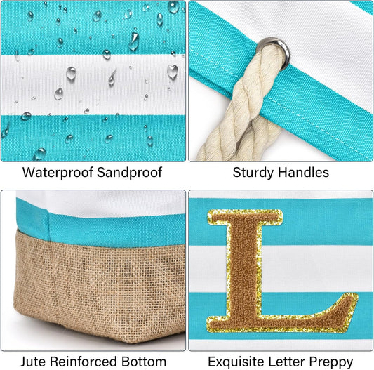 Becokan Beach Bag Initial Beach Tote with Makeup Bag for Travel Work Storage Personalized Birthday Gifts for Women Her