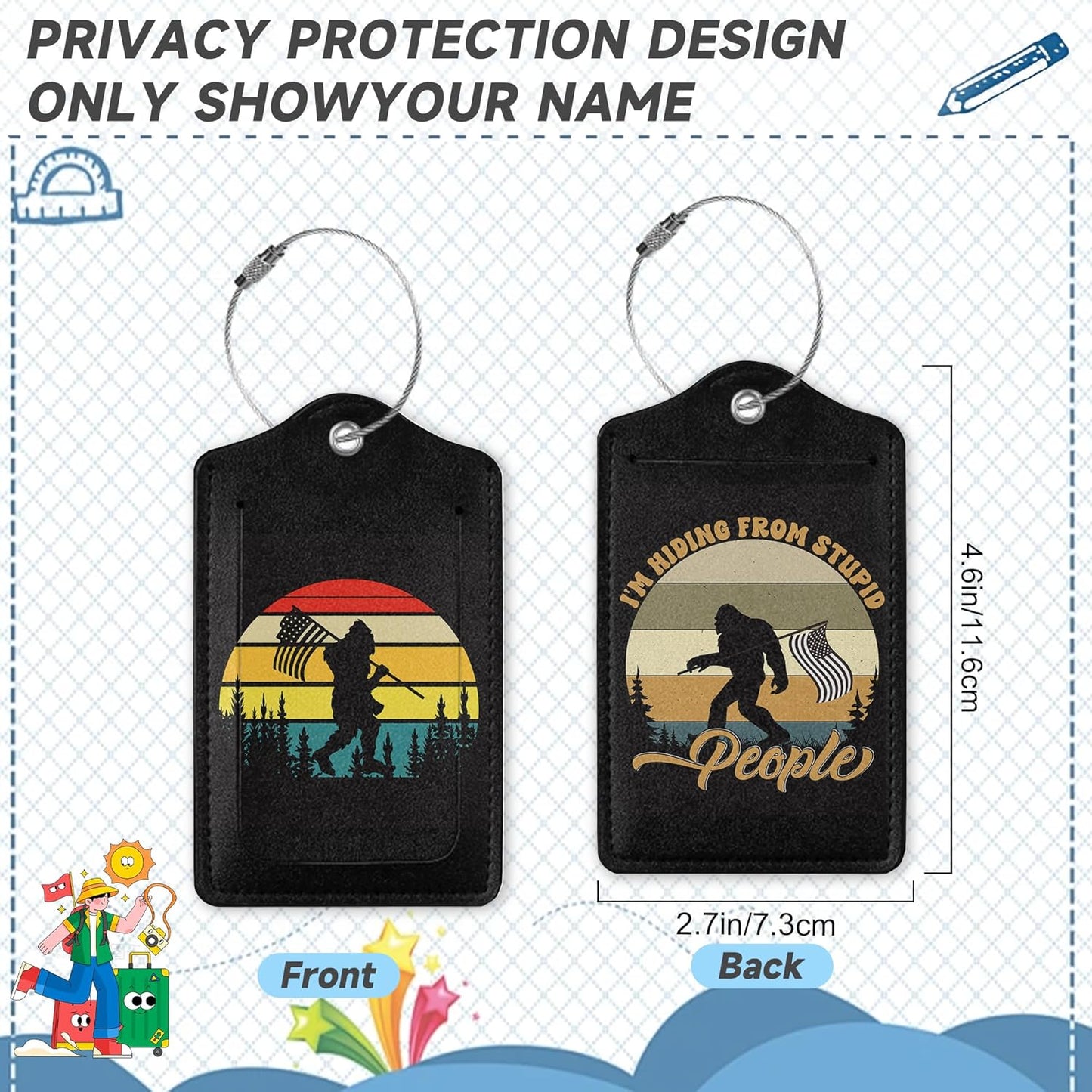 2 Pack Luggage Tag for Suitcase, Bigfoot American Flag Leather Bag Tags Identifiers Privacy Cover ID Label with Durable Steel Loop for Women Men Kids Girls Travel