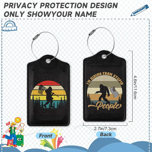 2 Pack Luggage Tag for Suitcase, Bigfoot American Flag Leather Bag Tags Identifiers Privacy Cover ID Label with Durable Steel Loop for Women Men Kids Girls Travel
