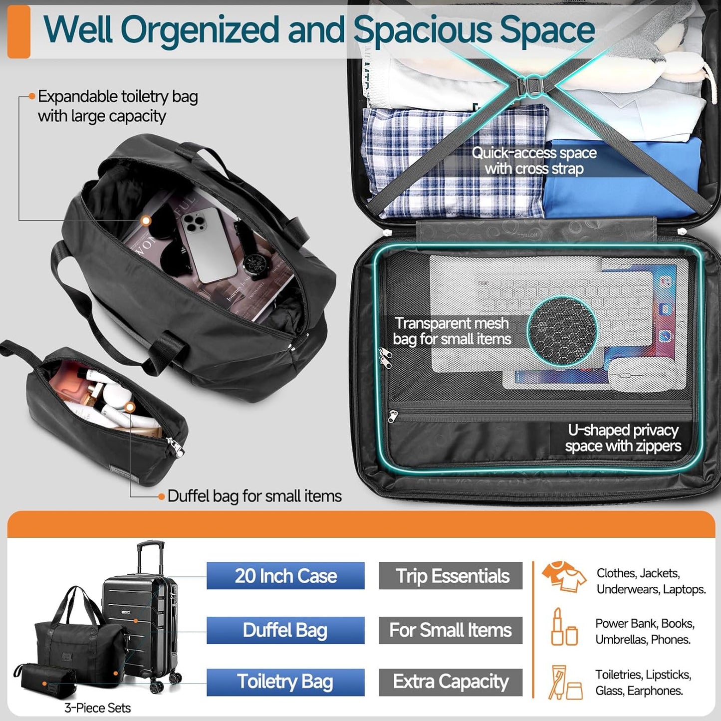 Hoteel Luggage Sets 3 Piece, ABS+PC Hard Shell Expandable Suitcases with Wheels, TSA Aproved Lock and Carry on Bags, Travel Suit Case Set for Men and Women, (3-Piece, Black)