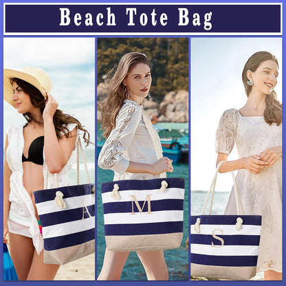 YOOLIFE Initial Canvas Waterproof Beach Tote Bag Zipper Personalized Gifts for Women Her Birthday Travel Beach Essential