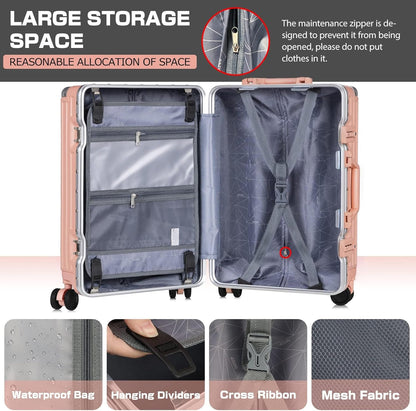 AnyZip Carry On Luggage Aluminium Frame Suitcase PC ABS Hard Shell TSA Lock No Zipper 20In Sakura Pink