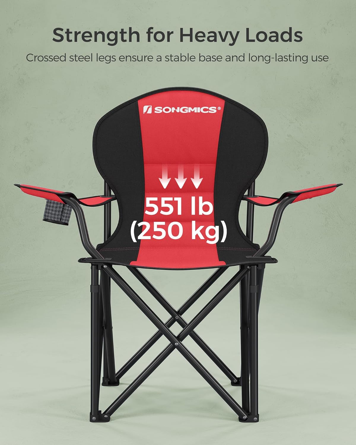 SONGMICS Folding Camping Chair, with Comfortable Sponge Seat, Cup Holder, Heavy Duty Structure, Max Load Capacity 551 lb, Outdoor Picnic Chair, Red and Black UGCB06BK