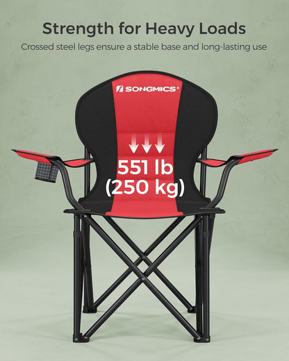 SONGMICS Folding Camping Chair, with Comfortable Sponge Seat, Cup Holder, Heavy Duty Structure, Max Load Capacity 551 lb, Outdoor Picnic Chair, Red and Black UGCB06BK