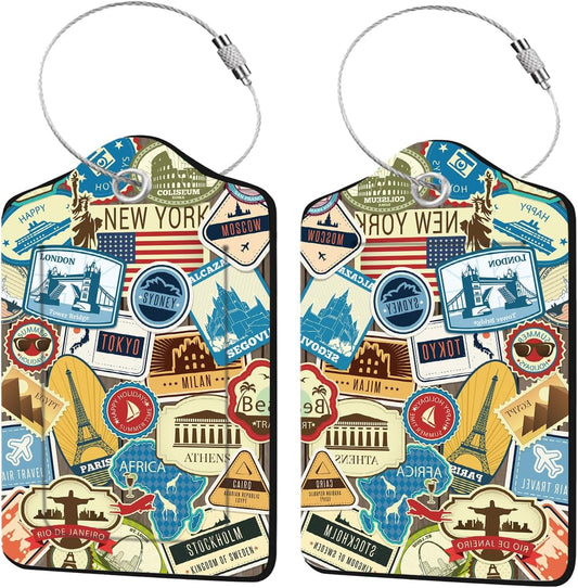 2 Pcs Leather Luggage Tags for Suitcases, Funny Suitcase Tags for Luggage, Privacy Cover ID Label with Stainless Steel Loop & Address Card, Travel Bag Suitcase Tags for Luggage Accessories Women Men