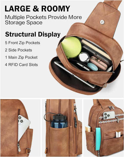 FADEON Large Sling Bag for Women, Leather Crossbody Purse Designer Anti Theft Sling Backpack, RFID Fanny Packs for Travel