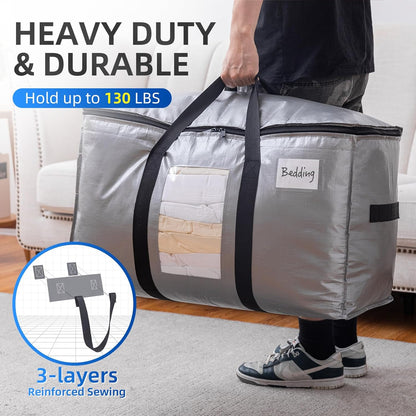 TAILI Extra Large Moving Bags, 2 Pack Silver Heavy Duty Totes For Storage with Visible Window, Wrap Around Handles, Storage Bags for Space Saving, Alternative to Moving Boxes