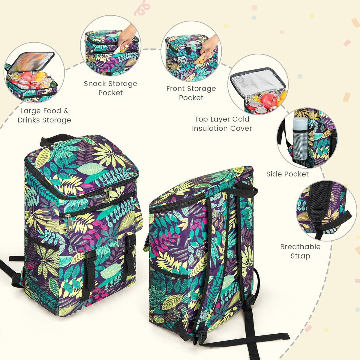 Cooler Backpack Soft Insulated Leak Proof 30 Cans Insulated Backpack Cooler Portable Picnic Camping Beach Hiking BBQ Lunch Backpack for Men and Women -Leaf Flowers