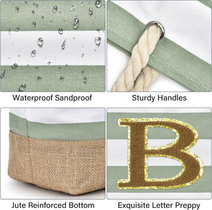 Becokan Beach Bag Initial Beach Tote with Makeup Bag for Travel Work Storage Personalized Birthday Gifts for Women Her