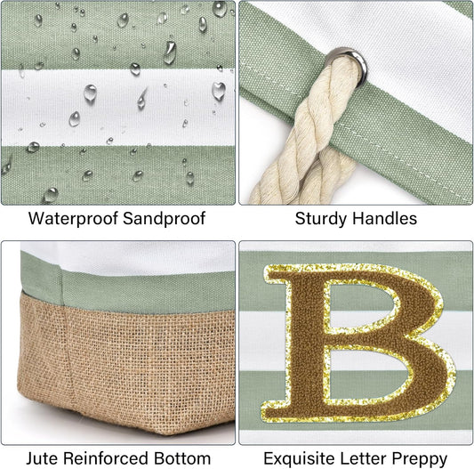 Becokan Beach Bag Initial Beach Tote with Makeup Bag for Travel Work Storage Personalized Birthday Gifts for Women Her