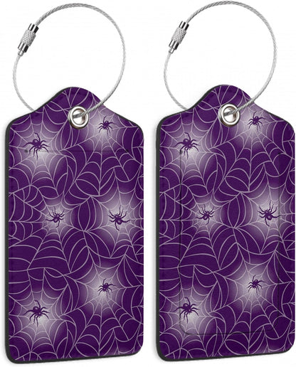 Halloween Luggage Tags Set of 2 Purple Spider Web Leather Suitcase Tags with Stainless Steel Loop and Privacy Cover for Women Men Travel Luggage Accessories