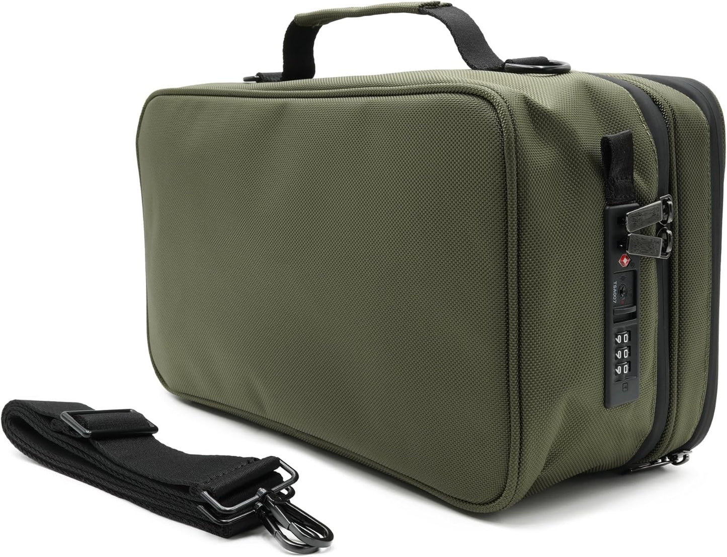 Large Storage Case with TSA Combination Lock Bag, Portable Carbon Lined, XL Medicine Lockable Box for Travel & Home Secured Box Organizer Divider Jars Accessories, Removable Tray (Green)