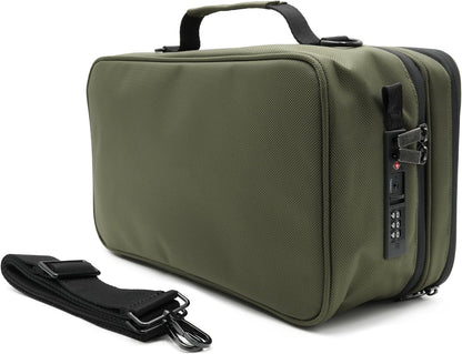 Large Storage Case with TSA Combination Lock Bag, Portable Carbon Lined, XL Medicine Lockable Box for Travel & Home Secured Box Organizer Divider Jars Accessories, Removable Tray (Green)