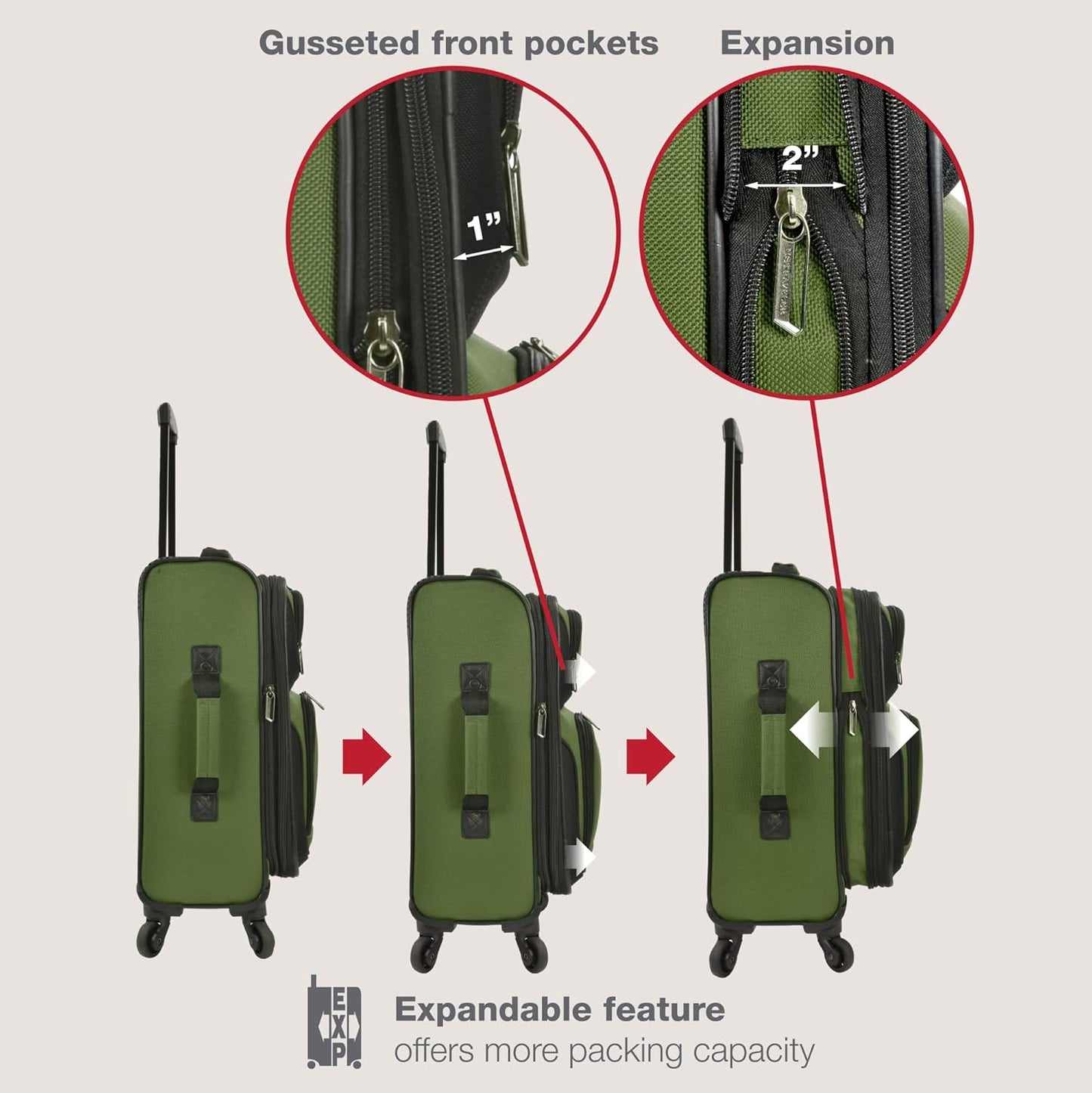 U.S. Traveler Lightweight Rolling 20" Carry On Luggage Softside Suitcase, Green, 4 Wheel