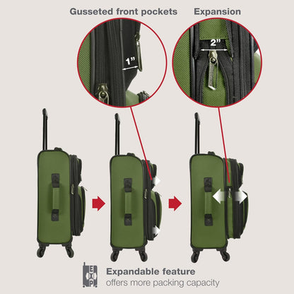 U.S. Traveler Lightweight Rolling 20" Carry On Luggage Softside Suitcase, Green, 4 Wheel