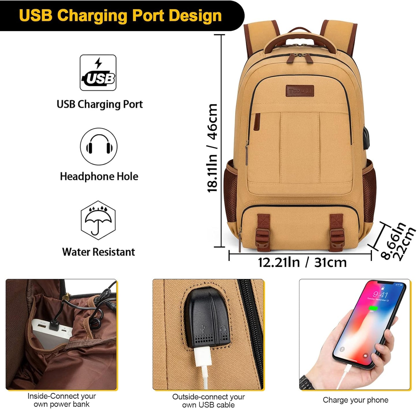 Tzowla Canvas Laptop Backpack, Bag for Men Women,Travel Work Rucksack Fits 15.6 Inch Laptop, Bookbag with USB Charging Port