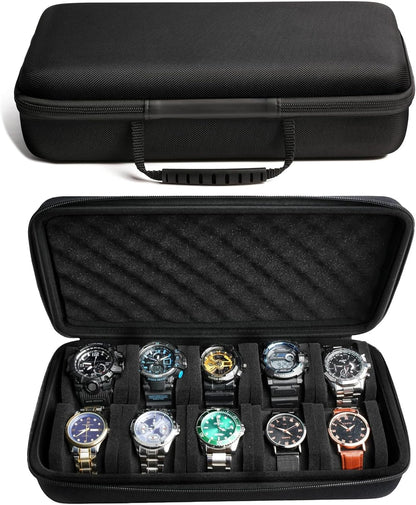 10 slots watch travel case, Hard Portable watch carry storage organizer box, fit watches up to 55mm face