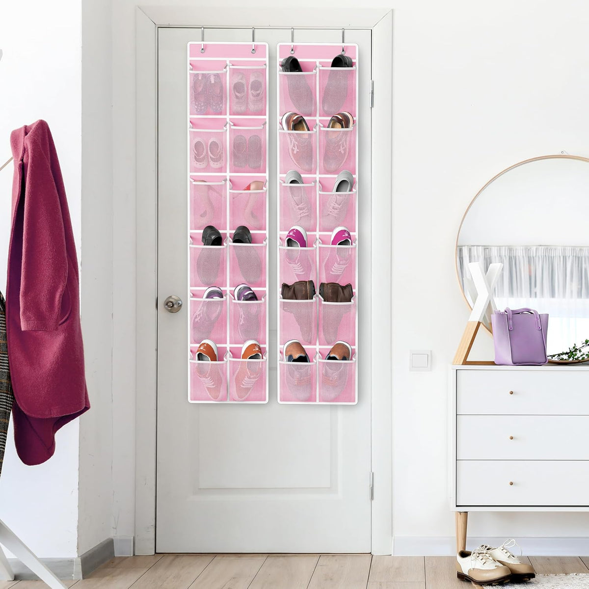 Simple Houseware 24 Pockets - 2PK 12 Large Pockets Over Door Hanging Shoe Organizer, Pink