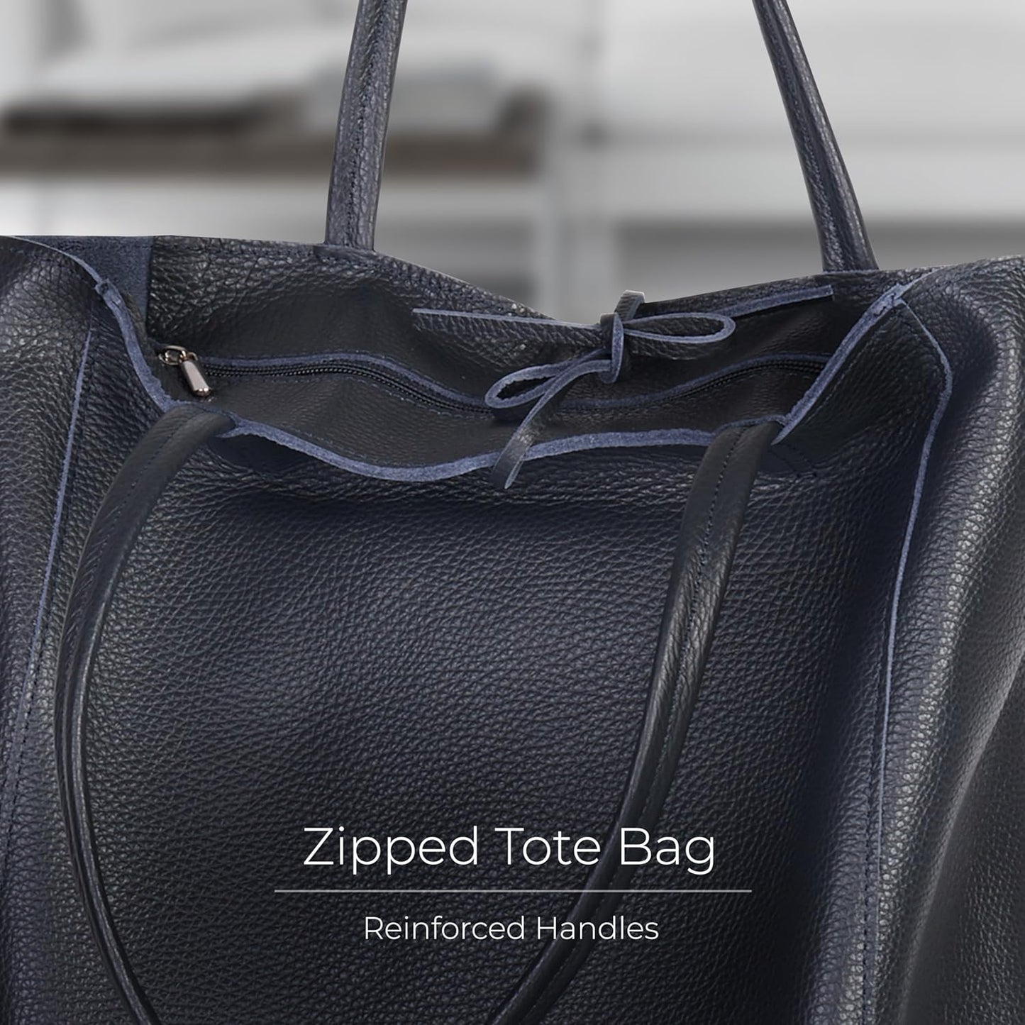 Italian Calf Leather Tote for Women with Zipper, Inner Pocket & Flat Base | Soft Unlined Shopper for Work & Travel