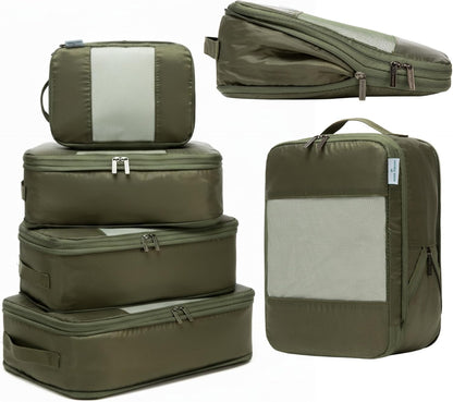 6-Pack Compression Packing Cubes Travel Essentials - Lightweight, Water-Resistant Luggage Organizer Bags with Handles, Durable Travel Accessories Suitcase Organizer (Olive)