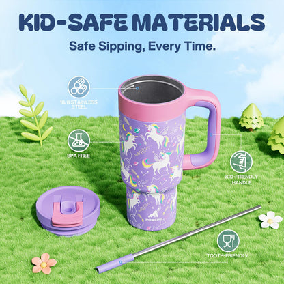 24 oz Kids Tumbler with Handle: Leakproof, Stainless Steel Cup with Straw Lid, BPA-Free, Insulated Water Bottle for School, Travel, Gift, Daycare, Home, Picnic, Outdoor Activities (Starlight Unicorn)